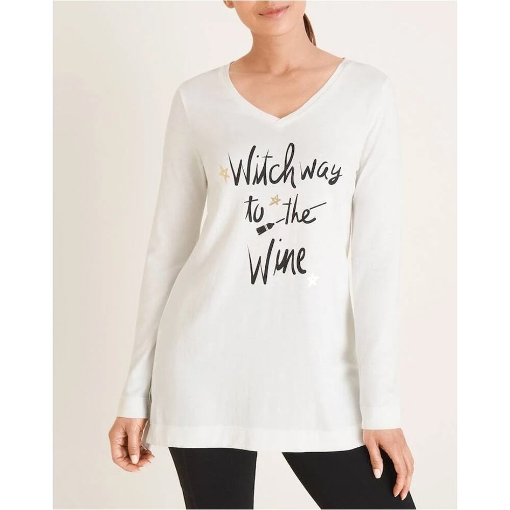 Chico's Zenergy Witch Way to the Wine Tee V Neck Halloween Size 1 Medium 8/10